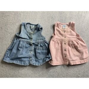 Girls 12M Vintage Baby OSHKOSH Bgosh Denim Blue Jean Pink Striped Dress USA